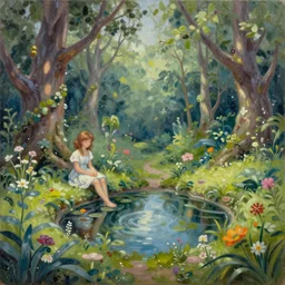 oil painted fairy garden with pond and fantasy trees painted by Jasmin Habezal-Feri, trending on artstation