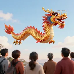 people watching a chinese dragon flying in the sky, hyperrealistic, 3 d