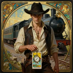 a dramatic ethereal epic symmetrical painting of a handsome villainous cowboy standing in front of railroad tracks with a train locomotive | his shirt is unbuttoned and he has a pocketwatch | tarot card, art deco, art nouveau, ( steampunk ), homoerotic, realistic | by ( ( louis comfort tiffany ) ) and ( ( ( ( alphonse mucha ) ) ) | trending on artstation