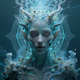 a movie still of an ancient futuristic ethereal being with digital modifications surrounded by a underwater ink pour and flowing liquid gallium and complex sacred geometry, powerful, cinematic, beautifully lit, perfect face, by john howe, by beeple, by artgerm, by karol bak, by brian froud, 3 d, trending on cgsociety, octane render, 8 k