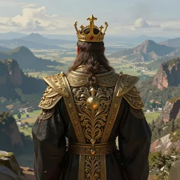 back of a powerful king looking to the very distant horizon full of montains and valleys. intricate, elegant, highly detailed, digital painting, artstation, concept art, sharp focus, illustration, by justin gerard and artgerm, 8 k