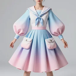 designer figure collection ball shaped accordion sleeve haute couture, sailor uniform, midi skirt, coat pleats, synthetic curves striking pose, dynamic folds, cute huge pockets hardware, volume flutter, youthful, modeled by modern designer bust, body fit, award fashion, cotton candy gradient scheme, holographic tones, expert composition, high detail, professional retouch, editorial photography