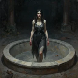 the girl from the ring, emerging from a well, walking towards you, horror, dark, painting by wlop