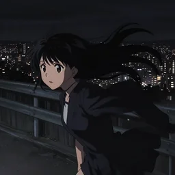 anime frames, anime visual, dark portrait of a young female overlooking the city at night, guardrails, very low light, cute face by ilya kuvshinov and, psycho pass, kyoani, dynamic pose, dynamic perspective, strong silhouette, anime cels, rounded eyes, yoshinari yoh, dark tint