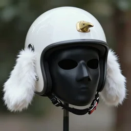 realistic photo of a freestanding white helmet with pattern of white tiny energy stripes, brass beak, black latex mask, ears made of white fluffy furry sticks 1 9 9 0, life magazine reportage photo, natural colors