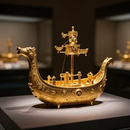 miniatures pre - columbian gold boat sculptures in a museum very intricate, cinematic lighting, award - winning photograph