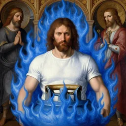 hank hill wearing a white tshirt as the god of propane surrounded by blue fire and blue flames, renaissance religious painting, late gothic religious paintings, byzantine religious art, painting by duccio di buoninsegna and carlo crivelli, trending on artstation