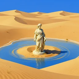a golden salt flat surrounded by dunes with a ruined statue of a woman emerging from the blue sand, illustrated, epic composistion, by peter mohrbacher, victo ngai, greg rutkowski, artgerm, volumetric lighting, surreal flat colors, concept art