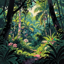 surreal glimpse, malaysia jungle, summer morning, very coherent and colorful high contrast art by gediminas pranckevicius james gilleard james gurney floralpunk screen printing woodblock, dark shadows, pastel color, hard lighting, stippled light, art nouveau, film noir