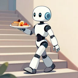 a robot walking the stairs holding a delicious breakfast plate, illustration, digital art