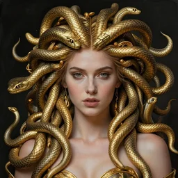realistic portrait of medusa with her snakes, golden ornaments, golden, delicate, hyper realism, 1 4 5 0, ink, ultra realistic, 8 k