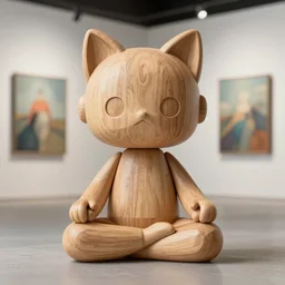 8k octane render photorealistic ,a wooden sculpture art toys on feet very cute robot zen méditation with cat ears , style comics , a contemporary art gallery art by , art by Greg Rutkowski