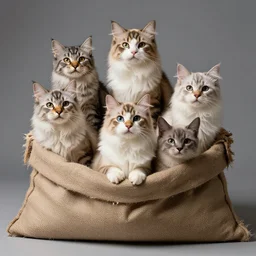 a highly detailed photo of multiple furry cats inside a big sack, gray background, studio lighting, 4 k, 8 k
