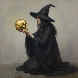 a witch stares at a golden skull in her hands. she wear a long dark robe. painted by barbara canepa and alessandro barbucci.
