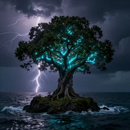 an epic 5 0 0 years old single tree on a little island, bioluminescent glowing tree, dark stormy sea around, lightening sky, photography, landscape photography, dramatic, insane details, artstation, photorealism
