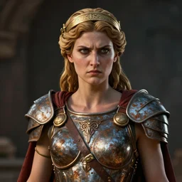 the Greek godess Hera looking angry, rusty armor, portrait, 3D render