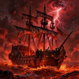 pirate ship going to hell, warm temperature, red lightning, sea of lava, hyperdetailed, artstation, cgsociety, by greg rutkowski, by gustave dore