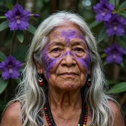 a beautiful closeup portrait of a benevolent and noble indigenous old woman healer with white long hair in the amazon jungle surrounded by purple flowers of brunfelsia grandiflora, purple face paintings, matte painting, by christophe vacher
