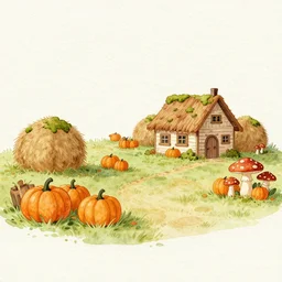 epic illustration, incredible wide screenshot, ultrawide, simple watercolor, rough paper texture, autumn, house that is a mushroom, pumpkin patch, rustic, folk, haybales, moss, crows, scarecrow, realism, pale beige sky, texture, brown mud, dust, backlit distant shot a scenic environment by digital painting, artstation, concept art, smooth, sharp focus, illustration, art by artgerm and greg rutkowski and alphonse mucha