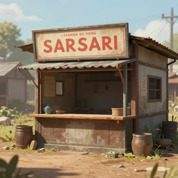 an concept art illustration, close up shot, a small empty asian sarisari store with a signage in the middle of a dirt road, style by dylan cole and feng zhu and wlop, unreal engine, trending in artstation, octane render, ultra sharp, 8 k