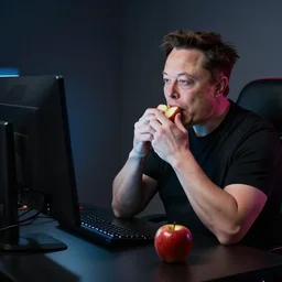 elon musk messing around with his new gamer computer while eating apple, 8K, Hyperrealistic, cinematic lighting