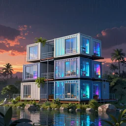 a beautiful photorealistic illustration of building container home industrial architecture city nature by john william casilear, crystal cyberpunk thermal imaging bladerunner 2 0 4 9 tron lake studio ghibli rainforest darkacademia sunset retrowave, archdaily, wallpaper, highly detailed, trending on artstation.