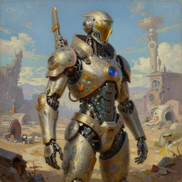 a beautiful oil on canvas of a futuristic afrofuturisticb robot soldier, ornate, detailed, intricate, beautiful post - @ pocalyptic landscape in the background, epic sky, vray render, artstation, deviantart, pinterest, sci - fi, afrofuturism, 5 0 0 px models