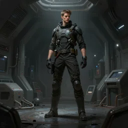 concept art by greg rutkowski, a very tall and slender young man, in his way to activate the self - destruct of the ship, futuristic, brutalist interior of a space colony, depressing atmosphere, low lighting, scifi, highly detailed portrait, digital painting, artstation, concept art, smooth, sharp foccus ilustration, artstation hq