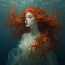 goddess of the ocean portrait of a seductive redhead dreaming in underwater murky light, wind blown hair! fantasy esoteric, d & d, fantasy, intricate, elegant, highly detailed, digital painting, artstation, concept art, matte, sharp focus, illustration, art by artgerm and tom bagshaw and greg rutkowski and alphonse mucha