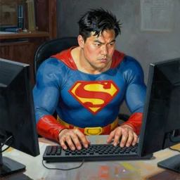 a insanely detailed painting of a thick asian man wearing a homemade superhero costumed, sitting at a computer desk typing on the keyboard, in the style of peter mohrbacher, dramatic lighting and composition, trending on artstation, concept art, comic book, graphic novel