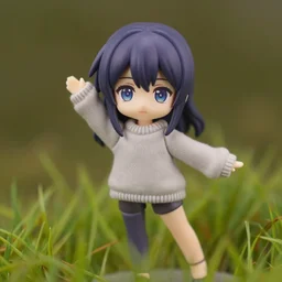 still figurine of grass wearing a comfy sweater, tsurime eyes, tareme eyes, eyes by kon satoshi, personification, dynamic pose, detailed product photo, featured on amiami, tone mapped, beautiful composition, 8 5 mm, f 1. 8, soft lighting