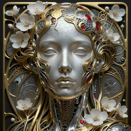 a melancholic realistic 8k Sculpture of a complex robotic human face, liquid simulation, dramatic lighting, silver gold red details, hexagonal mesh wire, filigree intricate details, cinematic, fleshy musculature, white blossoms, elegant, octane render, art nouveau, 8k post-processing, intricate artwork by alphonse mucha