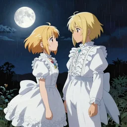 A full body portrait of twi brother and sister with golden short hair as My Neighbour Totoro, face to face, white wearing, ornate frilly dress, full moon raining night, digital painting, concept art, highly detailed, sharp focus, art by Kyoto Animation, anime illustration, trending on Pixiv.