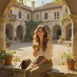 a huge fantasy courtyard, a young pretty woman with long hair sits with a coffee, golden morning light, dramatic light, happy cozy feelings, oil painting trending on artstation