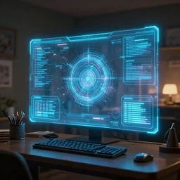 Cinematic Octane render of a scene featuring a holographic 3d desktop interface in a detective's apartment. inspired by the film \Bladerunner 2049\ (2017). Trending on Artstation, CGstation. 4k. HDR. Raytracing. Fascinating fantastic intriguing cool badass awe-inspiring mysterious amazing wow futuristic interesting.
