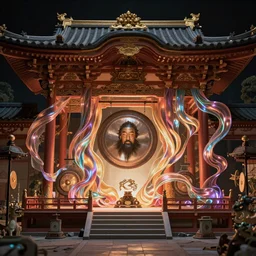 volumetric lighting, flowing shimmering fabrics, emerging gong vibrations ,an ancient male bearded face , inside a small highly detailed interesting traditional Japanese Royal ornate temple , full colour , upscale , 4k