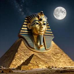 a huge cyborg head with an ancient egyptian crown in front of a golden pyramid, at nicht, milky way, full moon, steam punk, - c 1 3 - w 1 0 2 4 - h 1 0 2 4 - n 4 - s 1 5 0