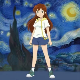 full body portrait of Ruby Rose of RWBY, night time, star background, fantasy character portrait, casual pose, smiling, artwork by Vincent van Gogh and Amy Sherald, perfect face, simple form, 100m
