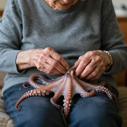 an elderly woman affectionately petting an octopus that's nestled in her lap