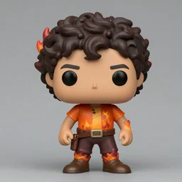 a [ funko pop of leo valdez ], an elfish mexican boy with curly hair, tanned skin, fire theme, wearing an orange shirt, with a toolbelt