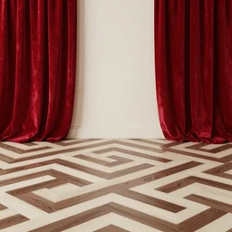 A surreal room with red velvet drapes. The floor has an off-white and dark-brown chevron pattern.