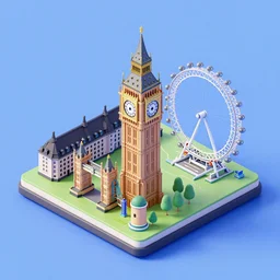 isometric image of london on a small square with big ben, london eye, 3 d, octane rendered, unreal engine