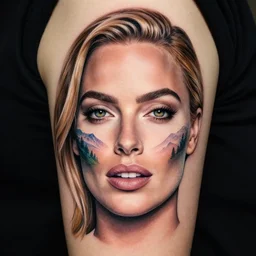 face morph tattoo design of margot robbie with beautiful mountain scenery, in the style of arlo dicristina, amazing detail, mash up