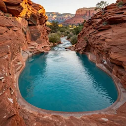 a turquoise swimming pool river flowing between majestic red rocks in Sedona Arizona, golden hour