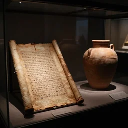 a photo of a museum display showing an ancient scroll with thamudic writing beside a cylindrical clay jar inside a glass case, dark, brooding, atmospheric, volume lighting