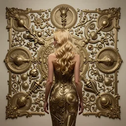beautiful woman, model, back, blone, ultra realistic, wide angle, intricate details, the fifth element artifacts, highly detailed by peter mohrbacher, hajime sorayama, wayne barlowe, boris vallejo, aaron horkey, gaston bussiere, craig mullins