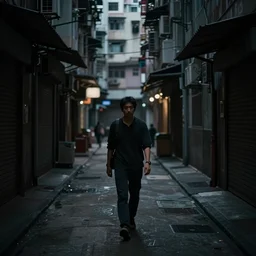 dim lit, hongkong dark alley street with a man walking, depth of field, very atmospheric, matte painting, artstation