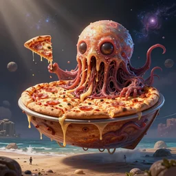 beautiful digital fantasy illustration of a layered pizza dream boat floating in the cubic space of cosmic terror, blobfish made of pizza on the beach, but it is a horrible mutated frightening gross pizza hybrid creature, realistic, detailed, cinematic, hyperrealism, hyper realistic render, ultra detailed, octane, 3 d, light shining through, by petros afshar and chiho aoshima, smooth, sharp focus, illustration
