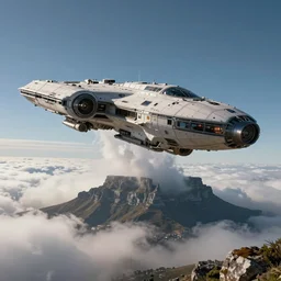 a huge spaceship emerging from the clouds over Table Mountain, cinematic, dramatic lighting, 4k, ultra detailed, trending on artstation, by sparth