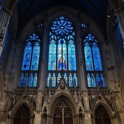neo - gothic brussels with blue glass church train station, victorian style, stained glass, blue light, volumetric light, square, hyperdetailed, artstation, cgsociety, 8 k